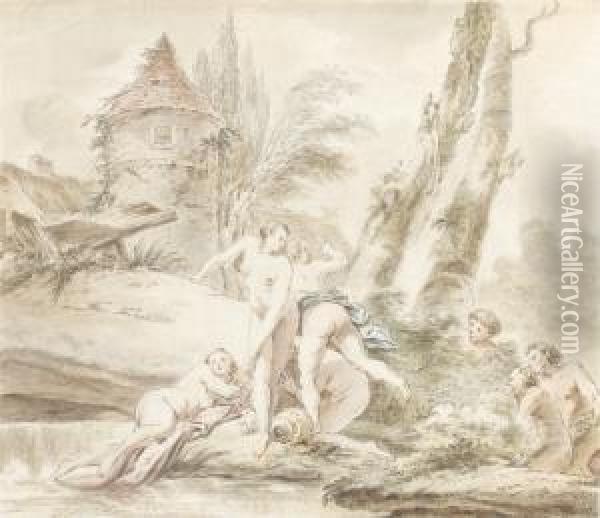 Un Paysage Avec Trois Nymphes Au Bain, Surprises Par Trois Satyres. Oil Painting - Jacques Philippe Caresme