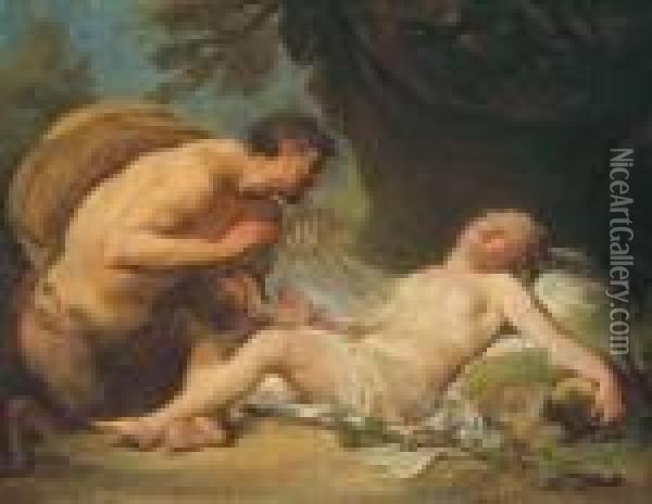 Un Satyre Devoilant Une Bacchante Endormie En Presence Decupidon Oil Painting - Jacques Philippe Caresme