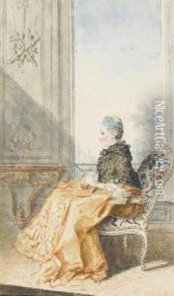 Portrait D'une Femme Assise Devant Une Fenetre, Tenant Une Boite Entre Les Mains Oil Painting - Louis Carrogis Carmontelle