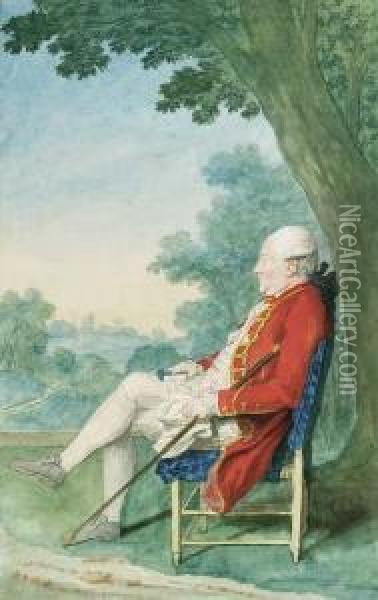 Mr. O'flanagan Seated In Profile To The Left In A Park Oil Painting - Louis Carrogis Carmontelle