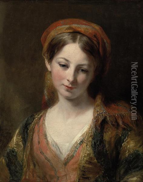 Portrait Of A Young Girl, 
Thought To Be Henrietta Carpenter, Bustlength, In Oriental Dress Oil Painting - Margaret Sarah Carpenter