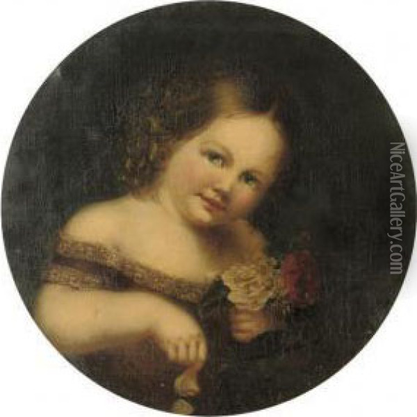 Portrait Of Constantine James, Bust-length, Holding Red And White Roses Oil Painting - Margaret Sarah Carpenter