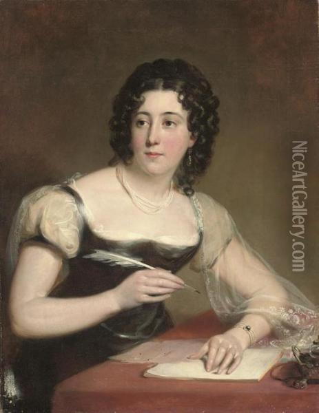 Portrait Of A Lady, Half-length, In A Black Dress, Writing A Letterat A Desk Oil Painting - Margaret Sarah Carpenter