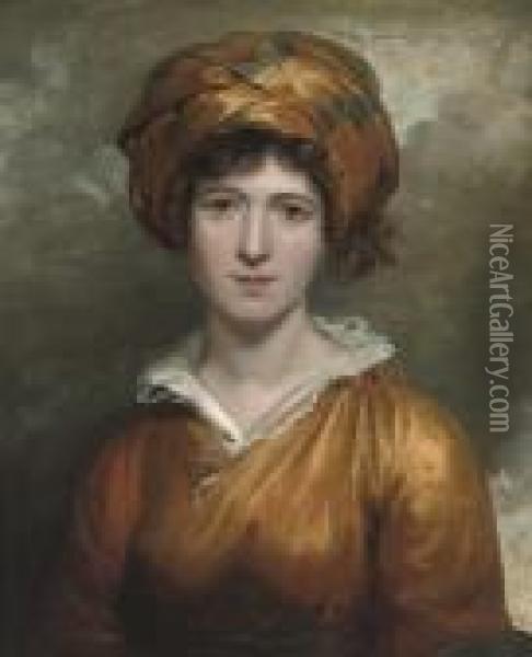 Portrait Of A Lady, Bust-length, In A Yellow Dress And Blue And Yellow Turban Oil Painting - Margaret Sarah Carpenter