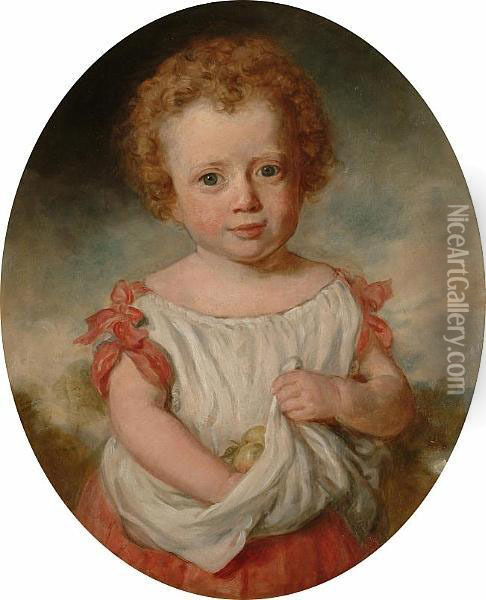 Portrait, Half Length Of A Child Holding Apples In Her Apron Oil Painting - Margaret Sarah Carpenter