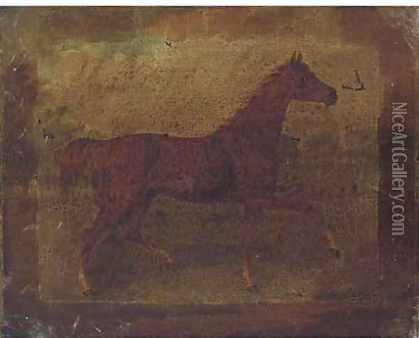 A chestnut horse in a landscape; and A bridled bay horse in a stable Oil Painting - Thomas Bardwell