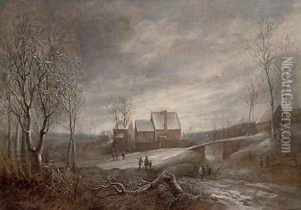 A wooded river winter landscape with figures on a track and men fishing on a frozen lake Oil Painting - Anthonie Beerstraten
