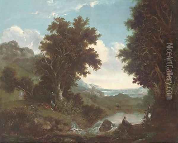Figures by a brook, an extensive landscape beyond Oil Painting - Benjamin Barker Of Bath