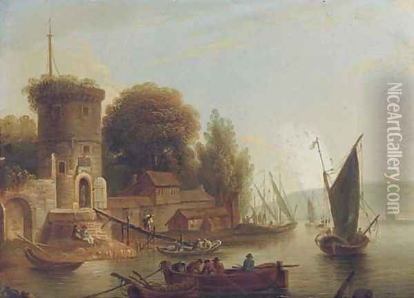 A river landscape with fisherman, a walled town beyond Oil Painting - Marc Baets