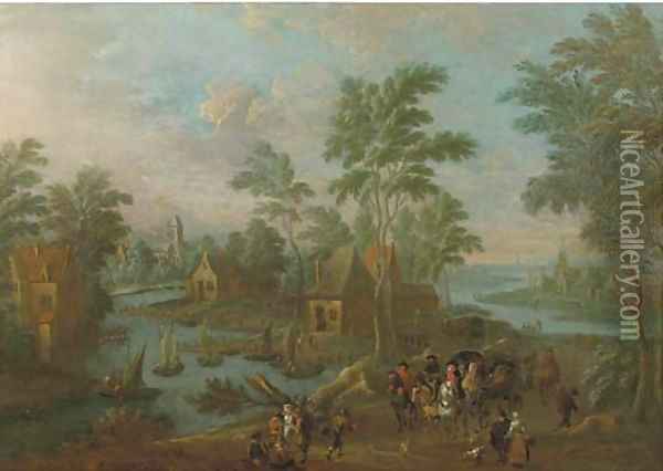 A river landscape with a carriage, horsemen and travellers on a path in a village Oil Painting - Marc Baets