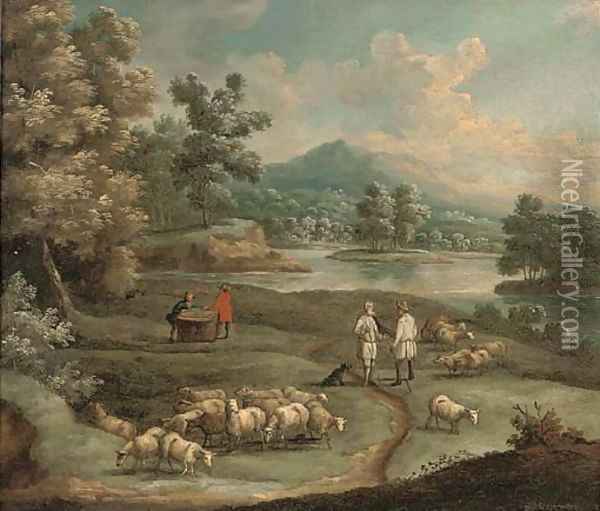 An extensive mountainous landscape, with figures and a wagon on a path by a lake; and A river landscape with shepherds conversing Oil Painting - Marc Baets