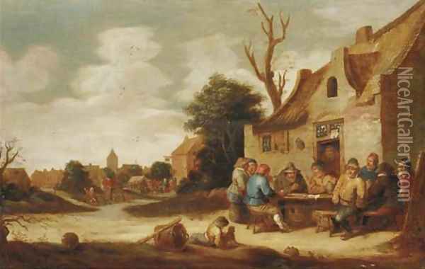 Boors smoking and drinking outside an inn, a village in the distance Oil Painting - Pieter de Bloot