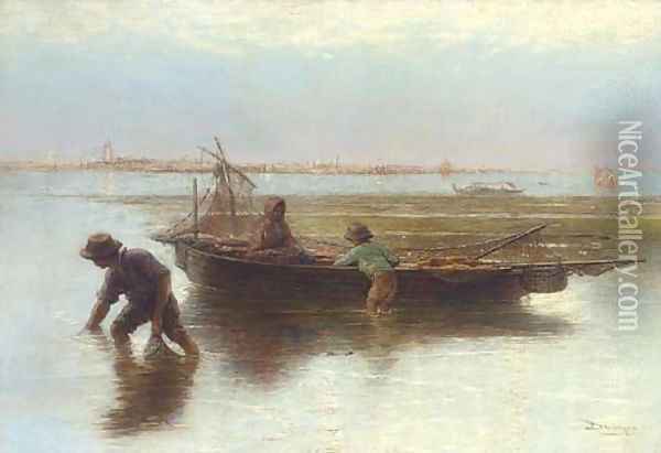 Shell fishers on the Venetian Lagoon Oil Painting - Hendricus-Jacobus Burgers