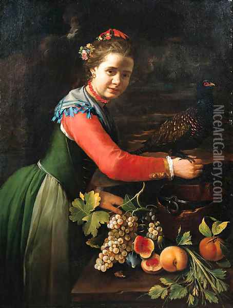 A young woman with a pheasant perched on her hand Oil Painting - Bernhard Keil, Monsu Bernardo