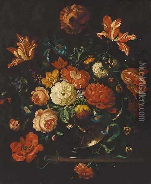 Flowers in a glass vase Oil Painting - Nicolas Baudesson