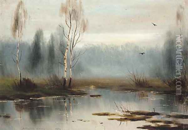 Silver Birches by the Marshes Oil Painting - Albert Nikolaivich Benua