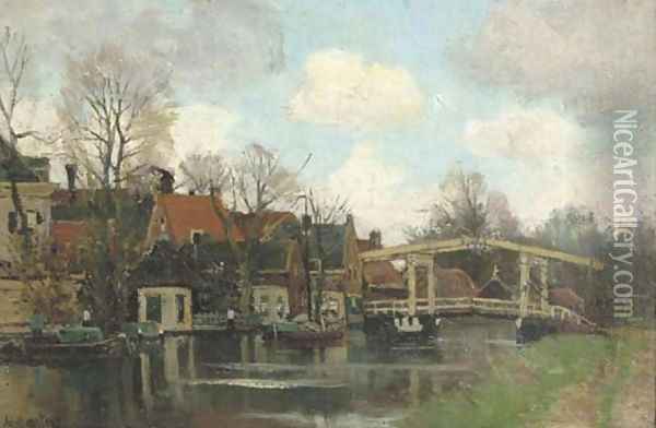 Ophaalbrug over de Vecht, Breukelen a riverside village Oil Painting - Nicolaas Bastert