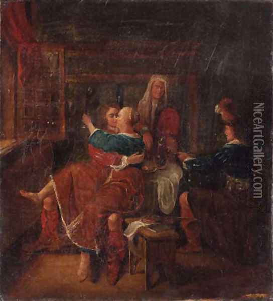 Soldiers courting a woman in a brothel Oil Painting - Richard Brakenburg