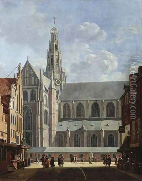 A view of the north transept of the St. Bavo Church from the Smedestraat in Haarlem Oil Painting - Gerrit Adriaensz Berckheyde