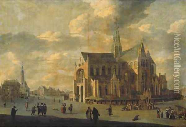 The Grote Markt with Saint Bavo's Cathedral, Haarlem Oil Painting - Gerrit Adriaensz Berckheyde