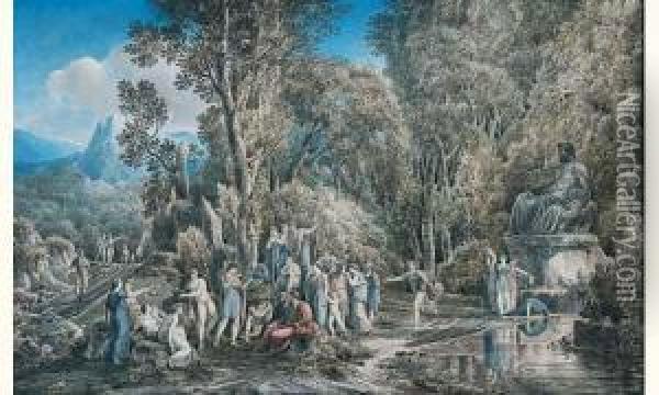 Personnages Antiques Dans Un Paysage Montagneux Pres D'une Statue De Jupiter Oil Painting - Louis Francois Cassas