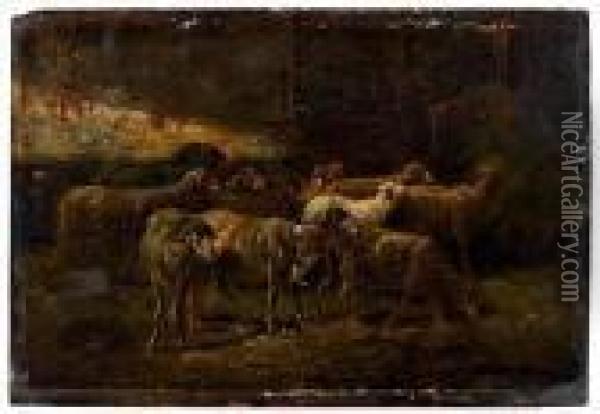 Moutons A L'etable Oil Painting - Charles Ferdinand Ceramano