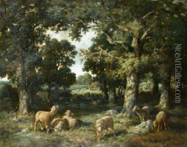 Grazing Sheep In The Shade Of The Forest Oil Painting - Charles Ferdinand Ceramano
