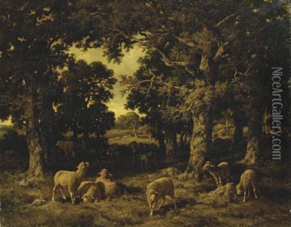 Sheep Grazing In A Wooded Landscape Oil Painting - Charles Ferdinand Ceramano