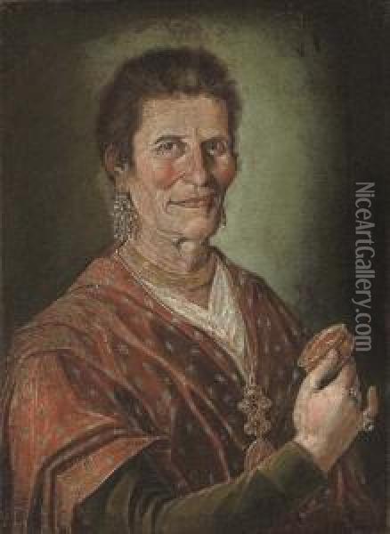 Portrait Of A Lady, Half-length,
 In A Red Shawl, An Enamelled Box In Her Right Hand; And Portrait Of A 
Man, Half-length, In A Blue Coat, A Ring In His Left Hand Oil Painting - Giacomo Ceruti (Il Pitocchetto)