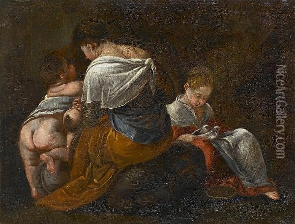 A Young Woman Seated With Her 
Baby And A Small Child, A Young Girl Holding Two Doves Beyond Oil Painting - Giacomo Ceruti (Il Pitocchetto)