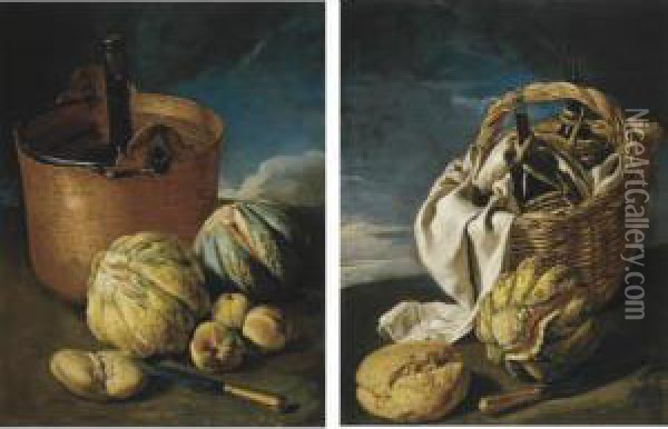 Still Life With A Melon, Knife, 
Bread, And A Basket With Two Wicker Covered Flasks Of Wine Wrapped In A 
White Cloth, All In A Stormy Landscape; Still Life Of Melons, Peaches, A
 Knife, Bread And A Copper Cooler With A Bottle Of Wine, All In A Stormy Oil Painting - Giacomo Ceruti (Il Pitocchetto)