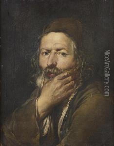 An Elderly Bearded Peasant Man Resting His Chin In His Hand Oil Painting - Giacomo Ceruti (Il Pitocchetto)