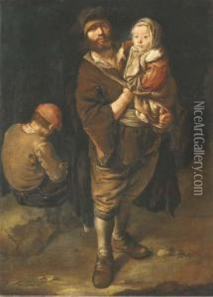 A Peasant Holding His Daughter In His Arms Oil Painting - Giacomo Ceruti (Il Pitocchetto)