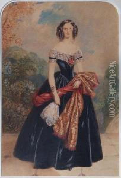Portrait Of A Victorian Beauty Wearing Lace Trimmedblack Dress Oil Painting - Alfred-Edward Chalon