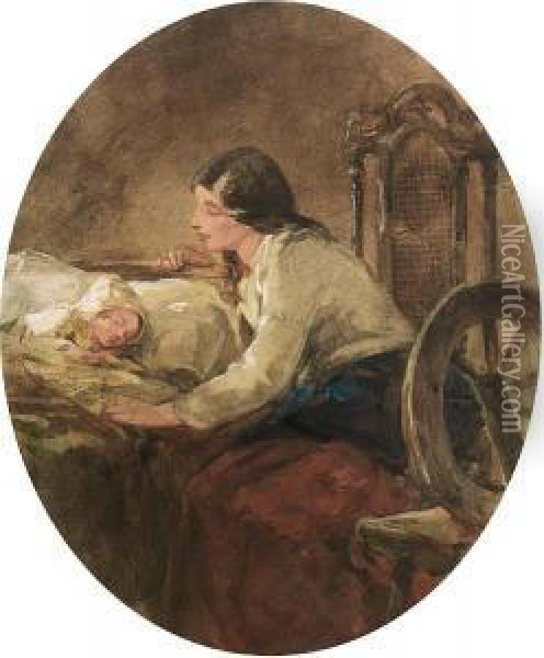 Mother And Child By A Spinning Wheel Oil Painting - Alfred-Edward Chalon