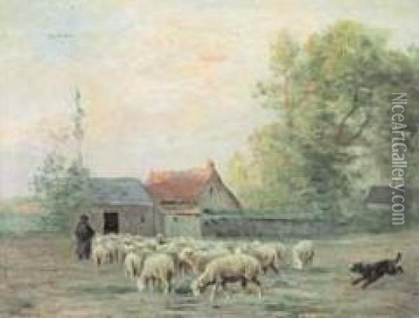 Troupeau De Moutons Devant La Ferme A Cayeux Oil Painting - Albert Charpin