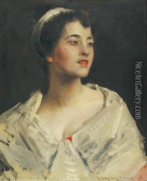 Jeune Femme Au Chale Blanc Huile Sur Toile (tres Petites Restaurations) Oil Painting - William Merritt Chase