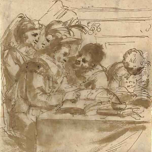 A group of figures at a table reading books Oil Painting - Gian Antonio Burrini