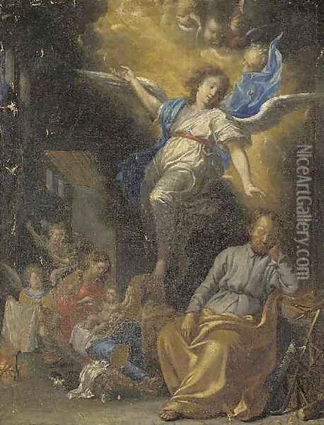 An Angel appearing to the Holy Family Oil Painting - Michel Bouillon