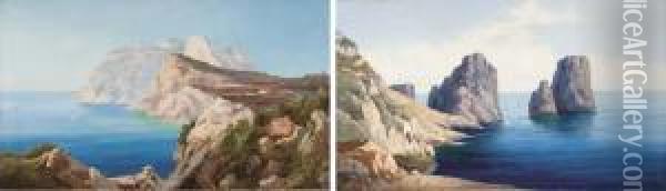 Les Faraglioni De Capri; Vue D'un Village Sur Les Falaises De Capri Oil Painting - Andrea Cherubini