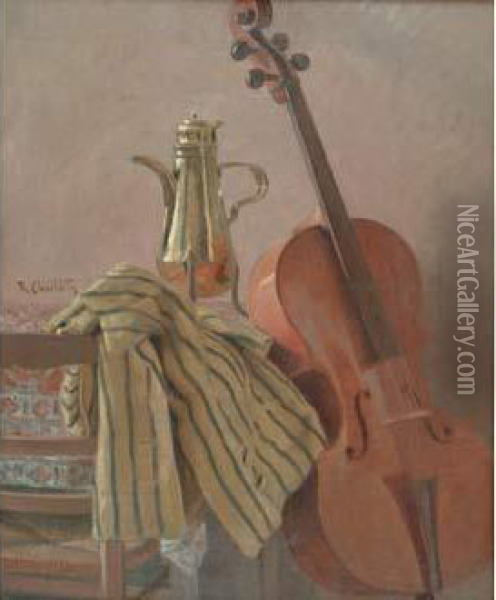  Violoncelle Et Cafetiere  Oil Painting - Rene Louis Chretien