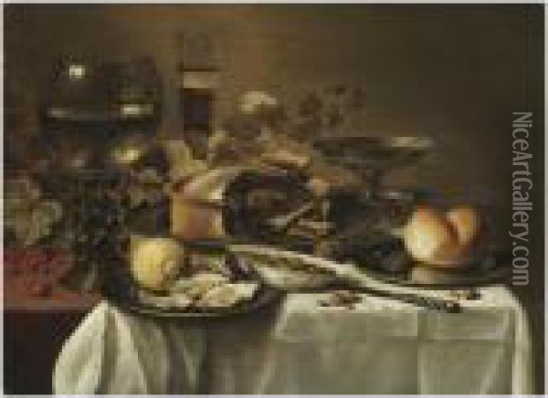 Still Life With A Large Roemer, A
 Half-filled Beer Glass, A Tazza,a Pie, A Bread Roll On A Pewter Plate, 
Along With Some Olives In Aceramic Bowl, A Lemon, Some Oysters And Other
 Objects All Arrangedon A Partly Draped Table Top Oil Painting - Pieter Claesz.