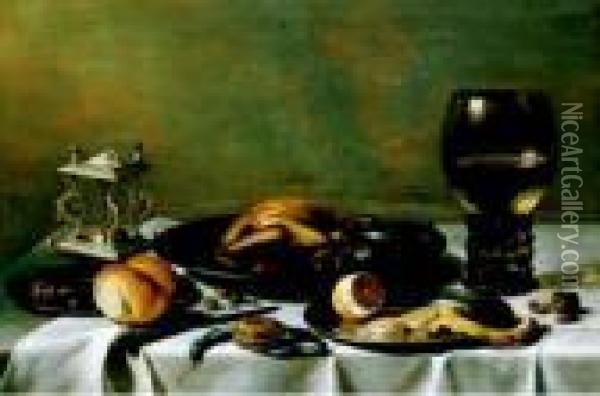 Tavola Imbandita Con Un Bicchiere Romer, Una Saliera Oil Painting - Pieter Claesz.
