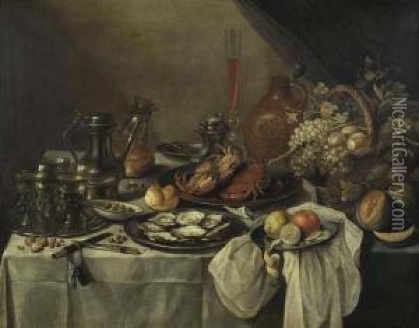 Reiche Tafel Mit Drei 
Weingefullten Berkemeyern, Zinnkanne, Austern, Seekrabben, Bartmannkrug 
Und Fruchtekorb. 1657. Oil Painting - Pieter Claesz.
