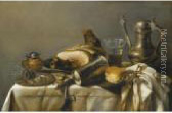 A Still Life With A Leg Of Ham Upon A Pewter Plate, A Pewter Kanne And A Roemer Oil Painting - Pieter Claesz.
