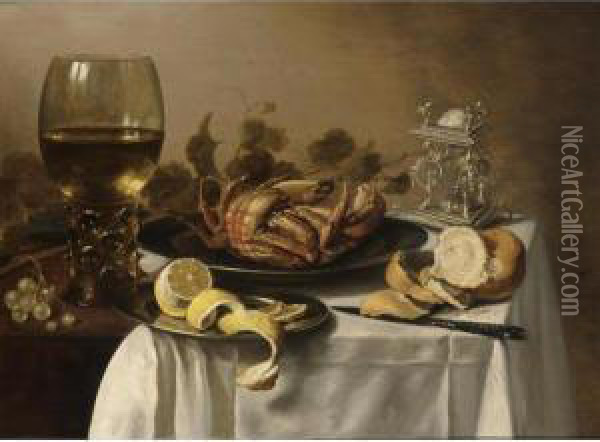 A Still Life With A Roemer, A 
Crab And A Peeled Lemon On A Pewter Plate, A Bunch Of Grapes, A Bun And 
Knife With An Elaborate Dutch Silver Salt Cellar, On A Draped Table Oil Painting - Pieter Claesz.