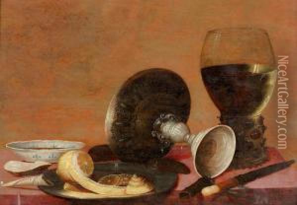 Stillleben Mit Romer, Zitrone, Teller Und Fussschale. Oil Painting - Pieter Claesz.