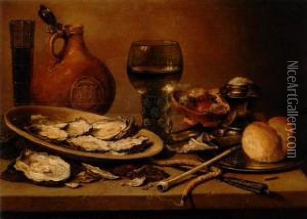 Oysters In An Earthenware Dish, A Half Filled Oil Painting - Pieter Claesz.