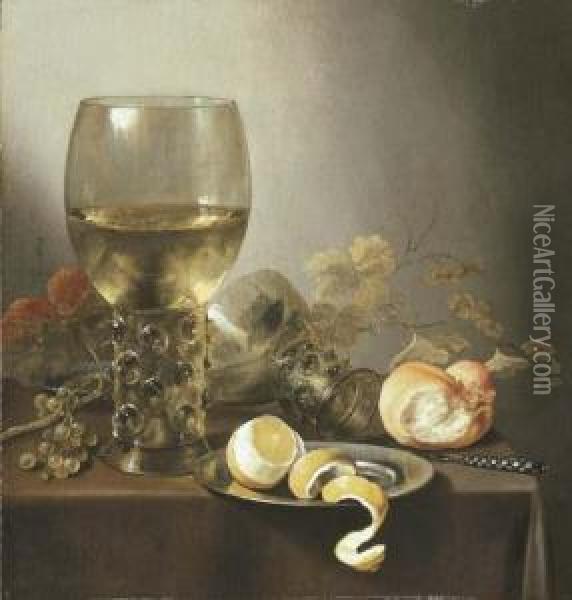A Giant Roemer, An Upturned Roemer, Grapes On The Vine Oil Painting - Pieter Claesz.