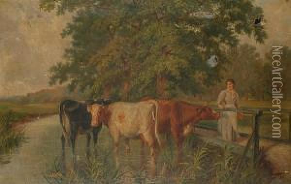 River Landscape, With Lady And Cattle In The Foreground Oil Painting - Joseph Clark